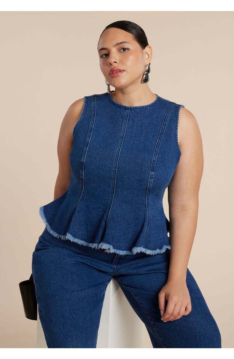 ELOQUII Denim Peplum Top, Alternate, color, Dark Wash