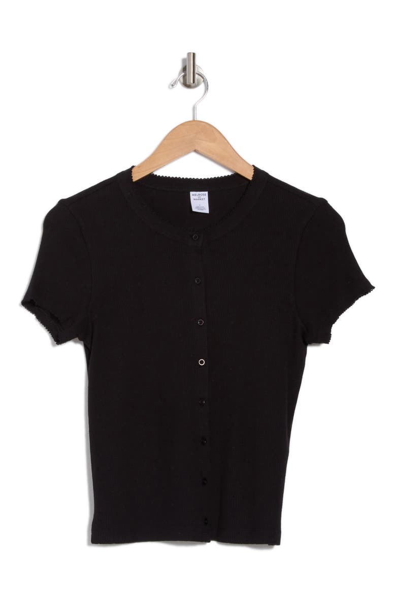 Pointelle Knit Button-Up Top, Alternate, color, BLACK