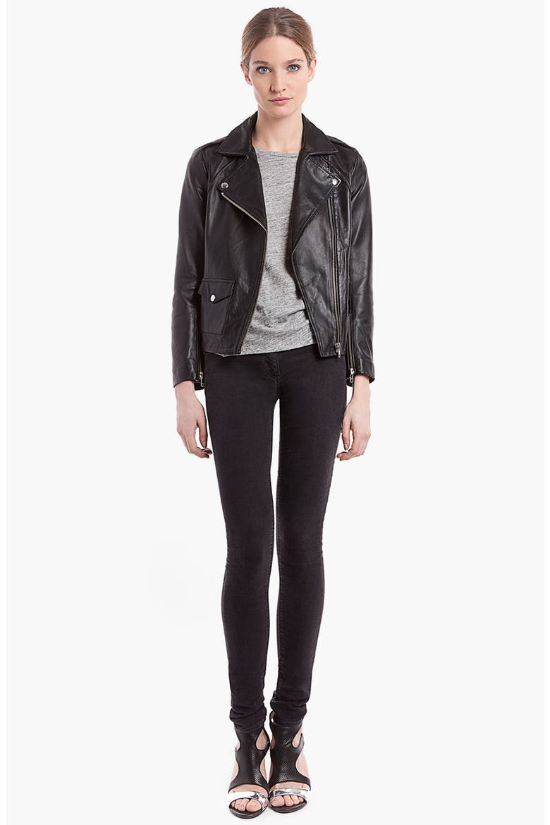 'Veinarde' Leather Moto Jacket, Main, color, BLACK