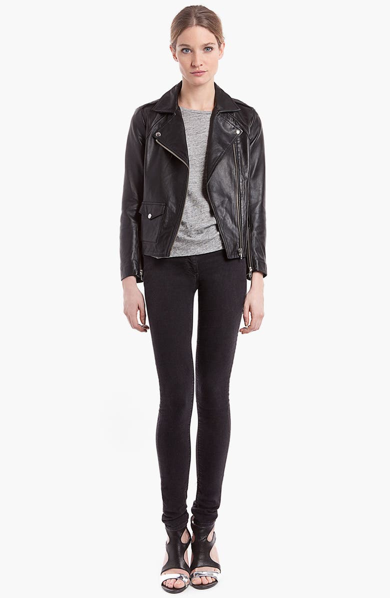 SANDRO 'Veinarde' Leather Moto Jacket, Main, color, Black