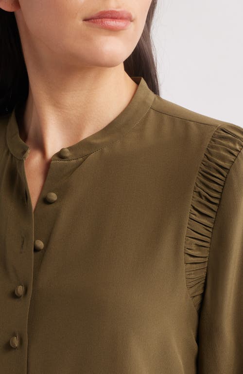 Shop Frame The Silk Gathered Short Sleeve Button-up Shirt In Juniper