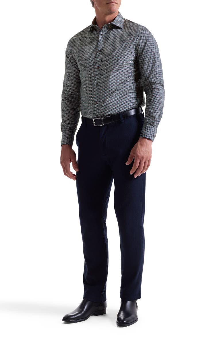 Bugatchi Axel Trim Fit Leaf Print Stretch Cotton Button-Up Shirt, Alternate, color, Sienna