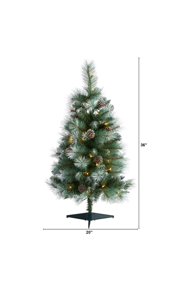 NEARLY NATURAL 3-ft Frosted Tip British Columbia Mountain Pine Artificial Christmas Tree with 50 Clear Lights, Pine Cones and 112 Bendable Branches, Alternate, color, Green