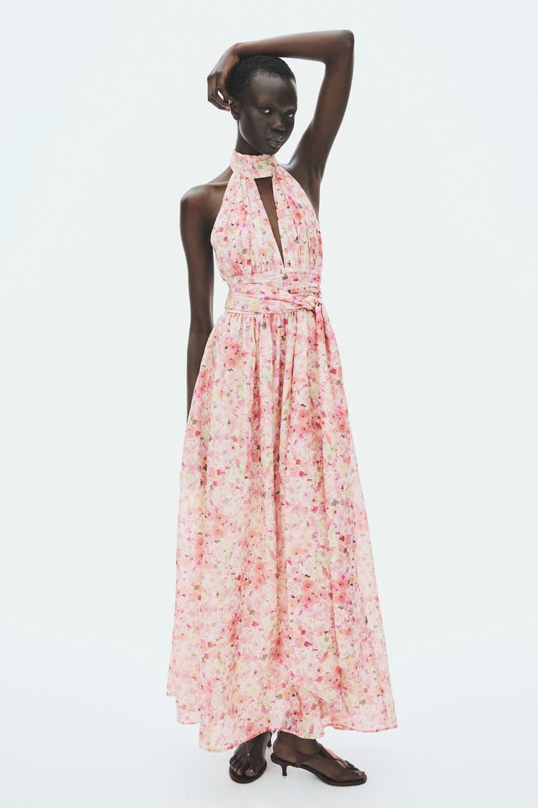 Tie-detail Halterneck Dress, Alternate, color, Peach pink/floral