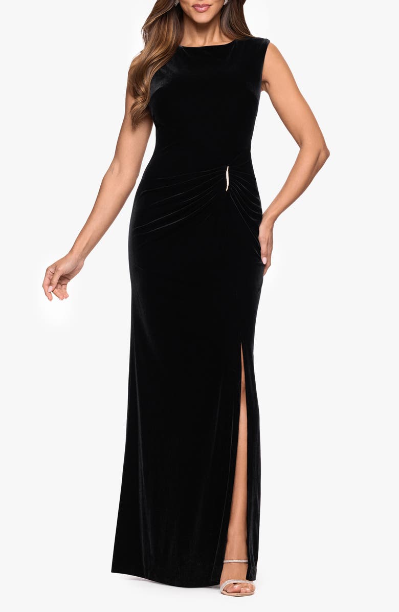 Xscape Evenings Ruched Sleeveless Stretch Velvet Gown, Main, color, Black