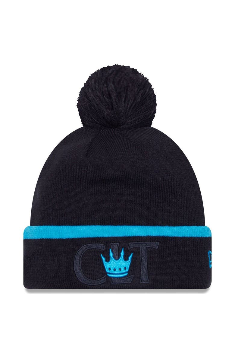 Men's New Era Black Charlotte FC Wordmark Kick Off Cuffed Knit Hat with Pom, Main, color, Black