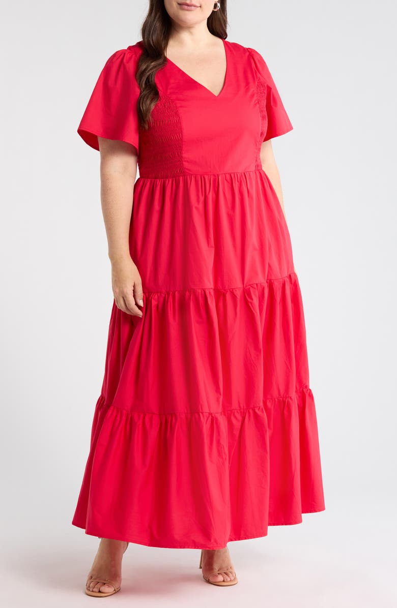 SUGARLIPS Alexis Poplin Tiered Midi Dress, Main, color, Cherry-Red