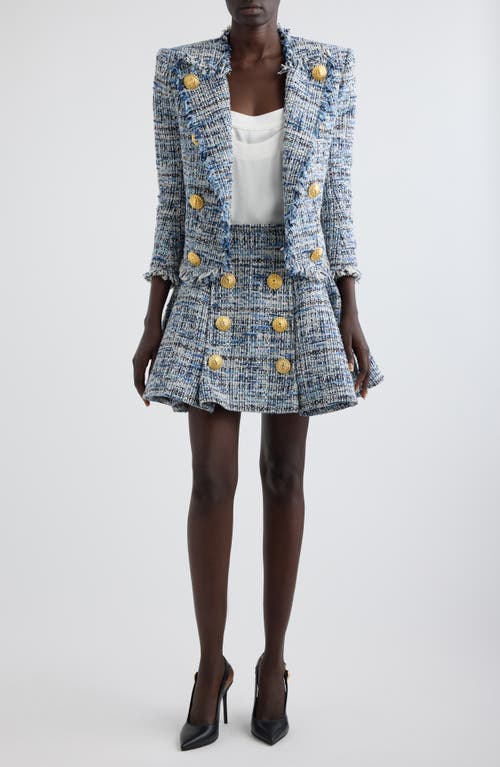 Shop Balmain Six Button Tweed Flare Miniskirt In 6fc Light Blue