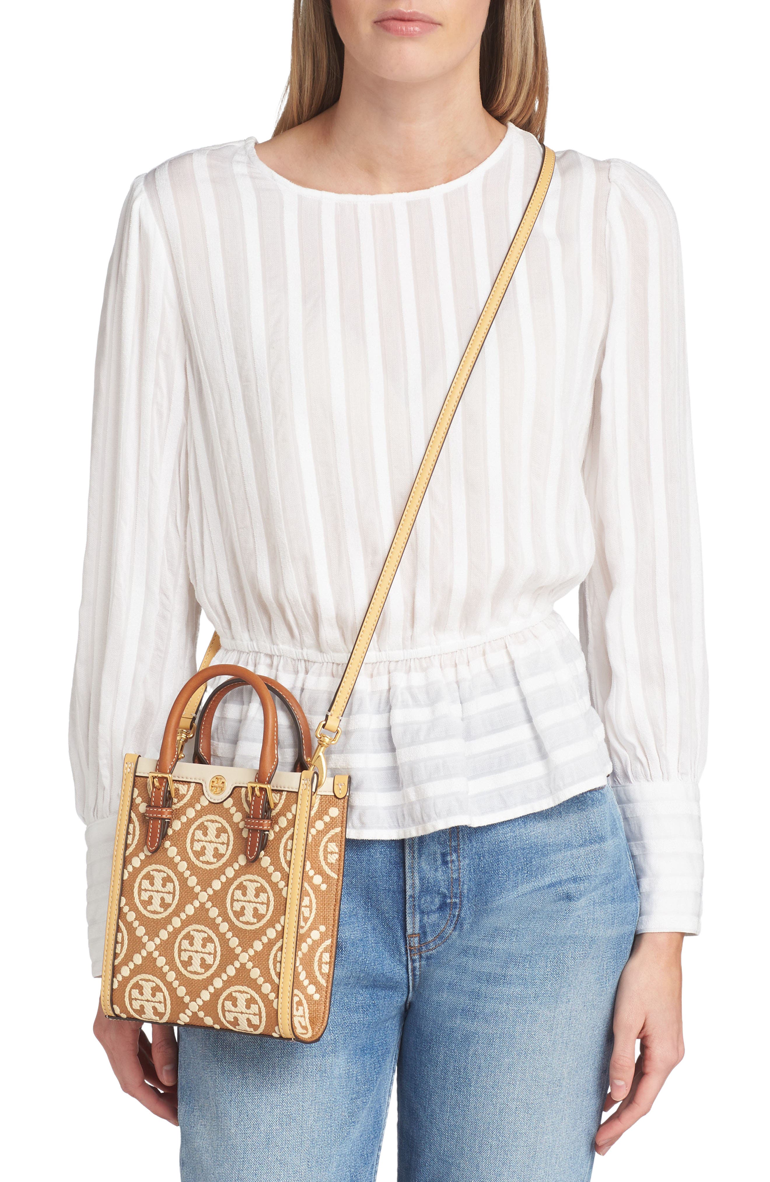 Tory Burch Mini T Monogram Embroidered Raffia Tote, Alternate, color, 