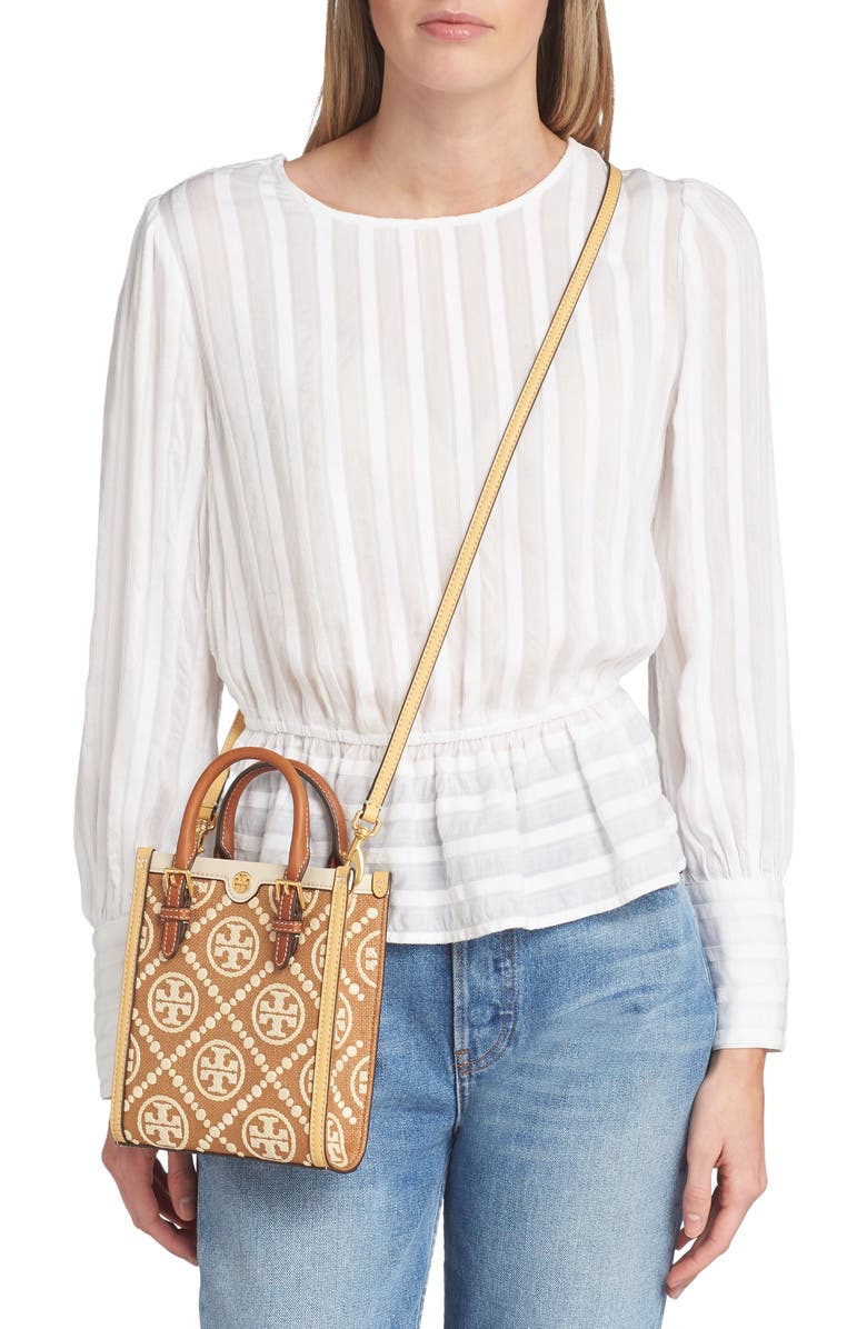Tory Burch Mini T Monogram Embroidered Raffia Tote, Alternate, color,