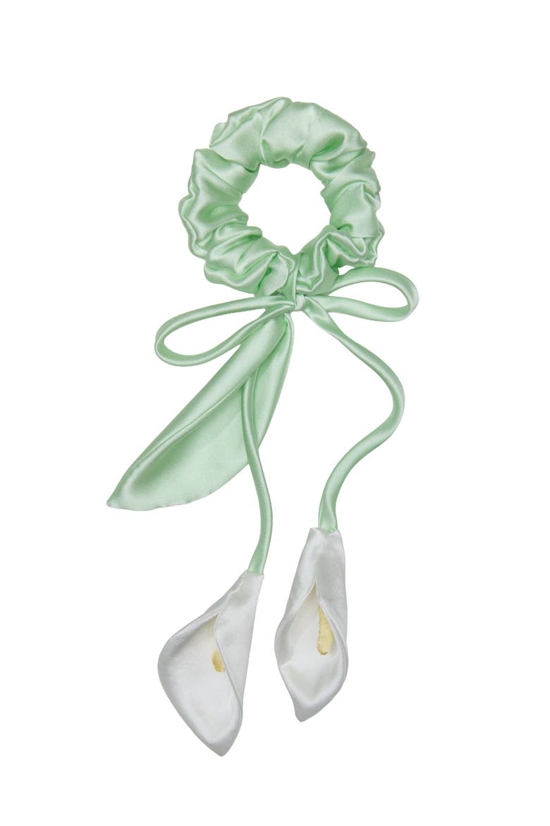 Calla Lily Silk Hair Tie Scrunchie, Main, color, White and Green