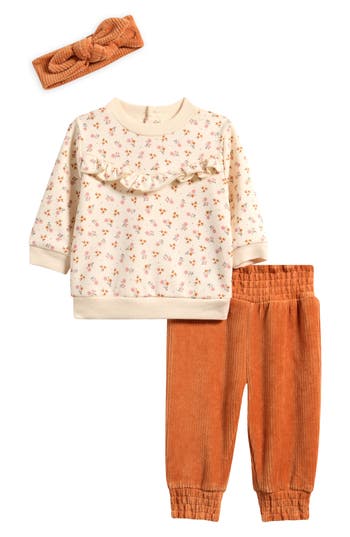 Pl Baby By Petit Lem Fleece Top, Corduroy Pants & Headband Set In Multi