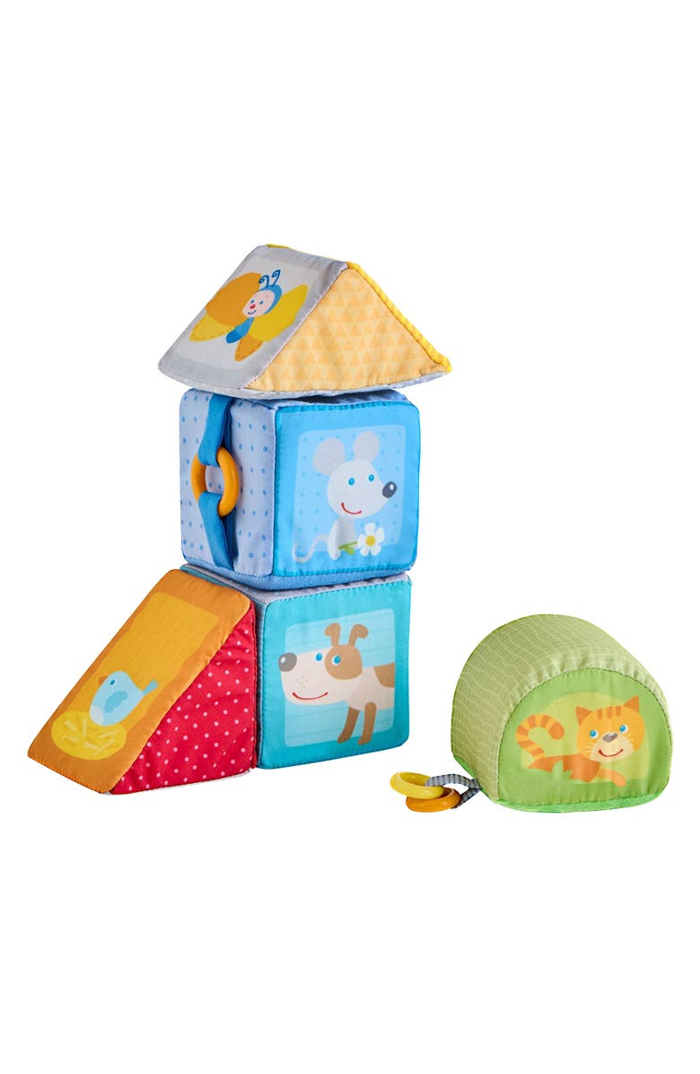 HABA Animal Soft Baby Blocks for 6-12 Months - 5 Geometric Shape Baby Sensory Toys with Rattle, Mirror, Squeaker & Crinkle Foil, Alternate, color, Multi