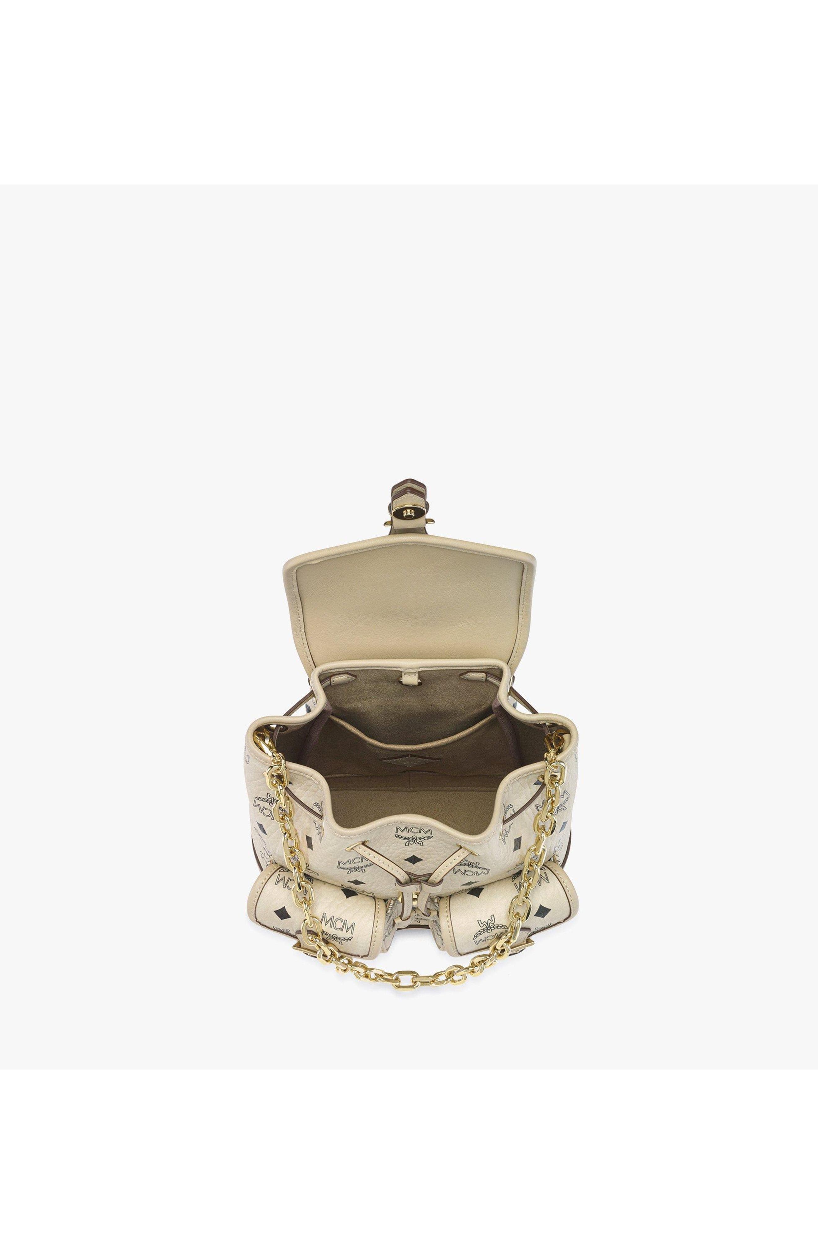 MCM Mini Aren Drawstring Backpack in Visetos, Alternate, color, Beige+Black Logo