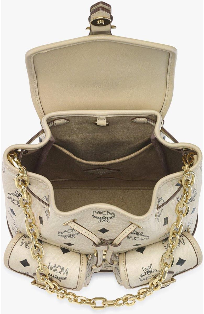 MCM Mini Aren Drawstring Backpack in Visetos, Alternate, color, Beige+Black Logo