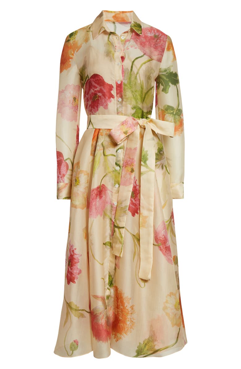 Carolina Herrera Poppy Print Belted Long Sleeve Silk Organza Shirtdress, Alternate, color, Almond Multi