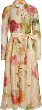 Carolina Herrera Poppy Print Belted Long Sleeve Silk Organza Shirtdress