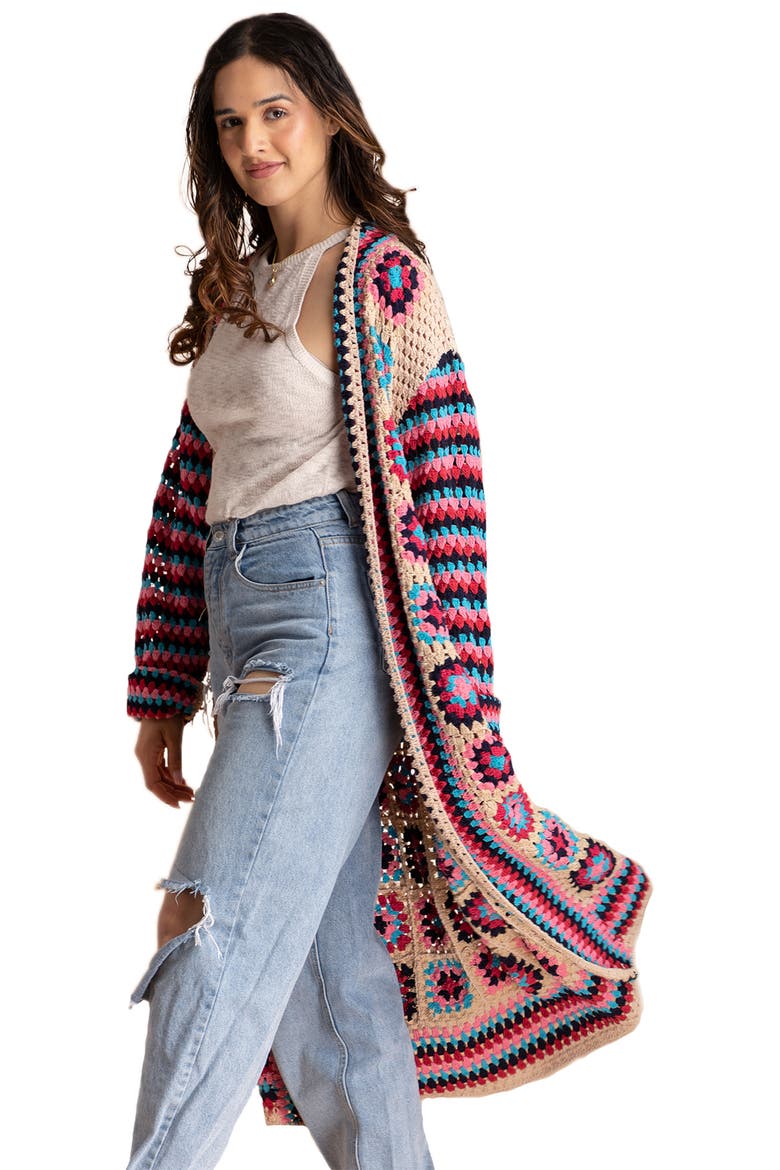 Granny Square Crochet Longline Cardigan, Alternate, color, PINK