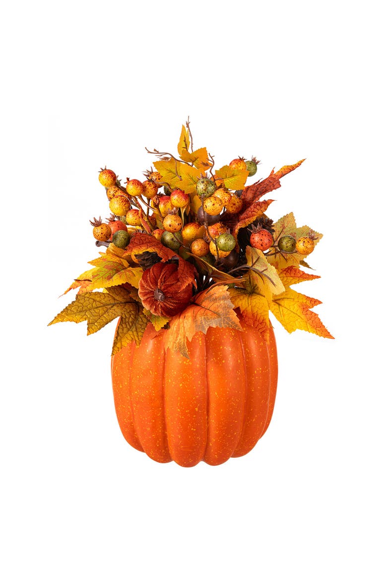 15"H Fall Velvet Pumpkin, Pinecone & Berry Centerpiece Table Decor, Alternate, color, Orange