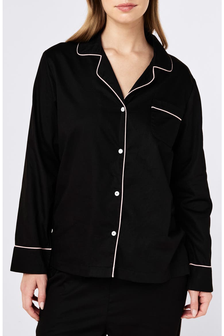 Zoe Contrast Piping Cotton Sateen Pajamas, Alternate, color, BLACK