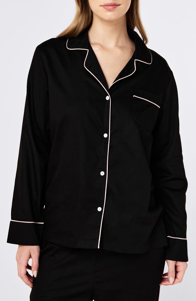 Papinelle Zoe Contrast Piping Cotton Sateen Pajamas, Alternate, color, Black