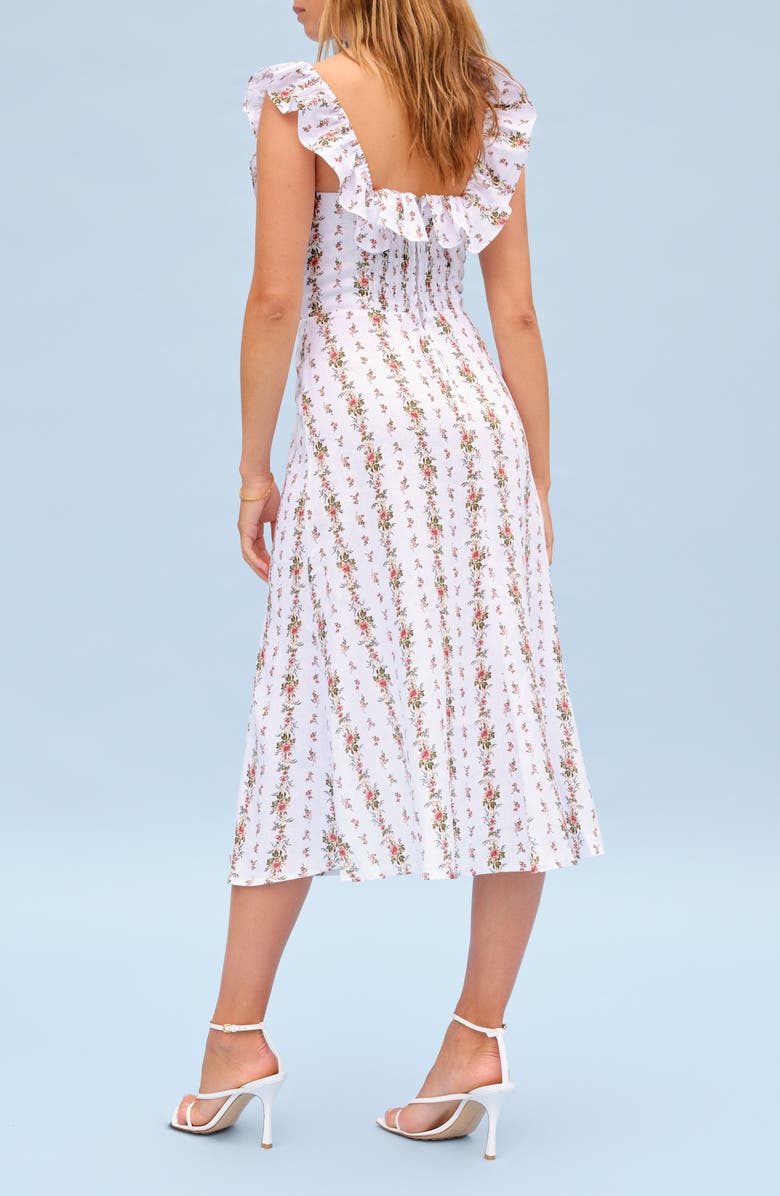 Reformation Amethyst Floral Ruffle Neck Linen Midi Dress, Alternate, color,