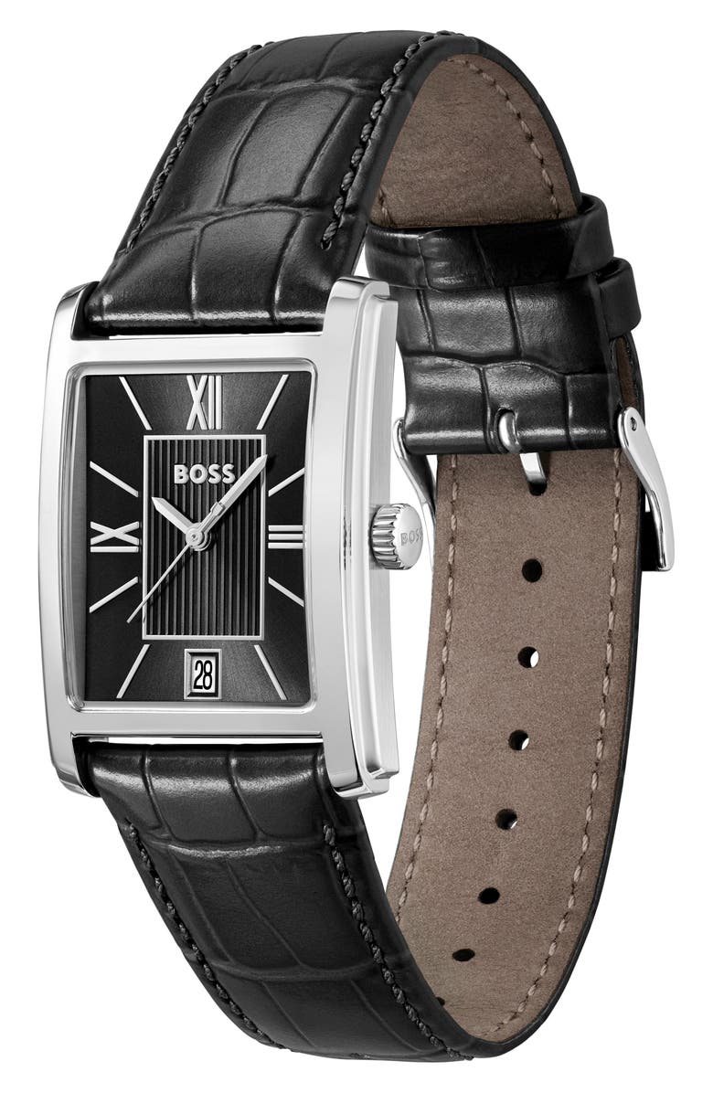 BOSS Principle Dress Leather Strap Watch, 28mm x 7.8mm, Alternate, color, Black
