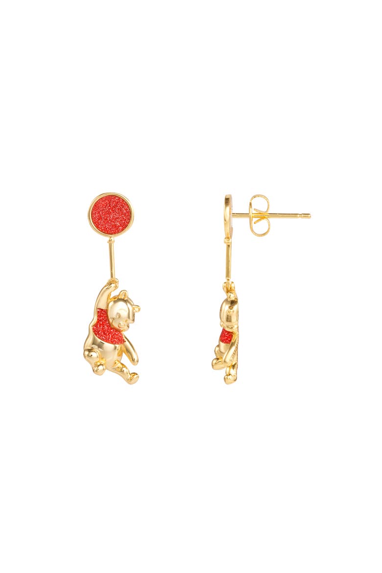 Winnie the Pooh Gold Plated Balloon Swinging Earrings, Alternate, color, gold, red