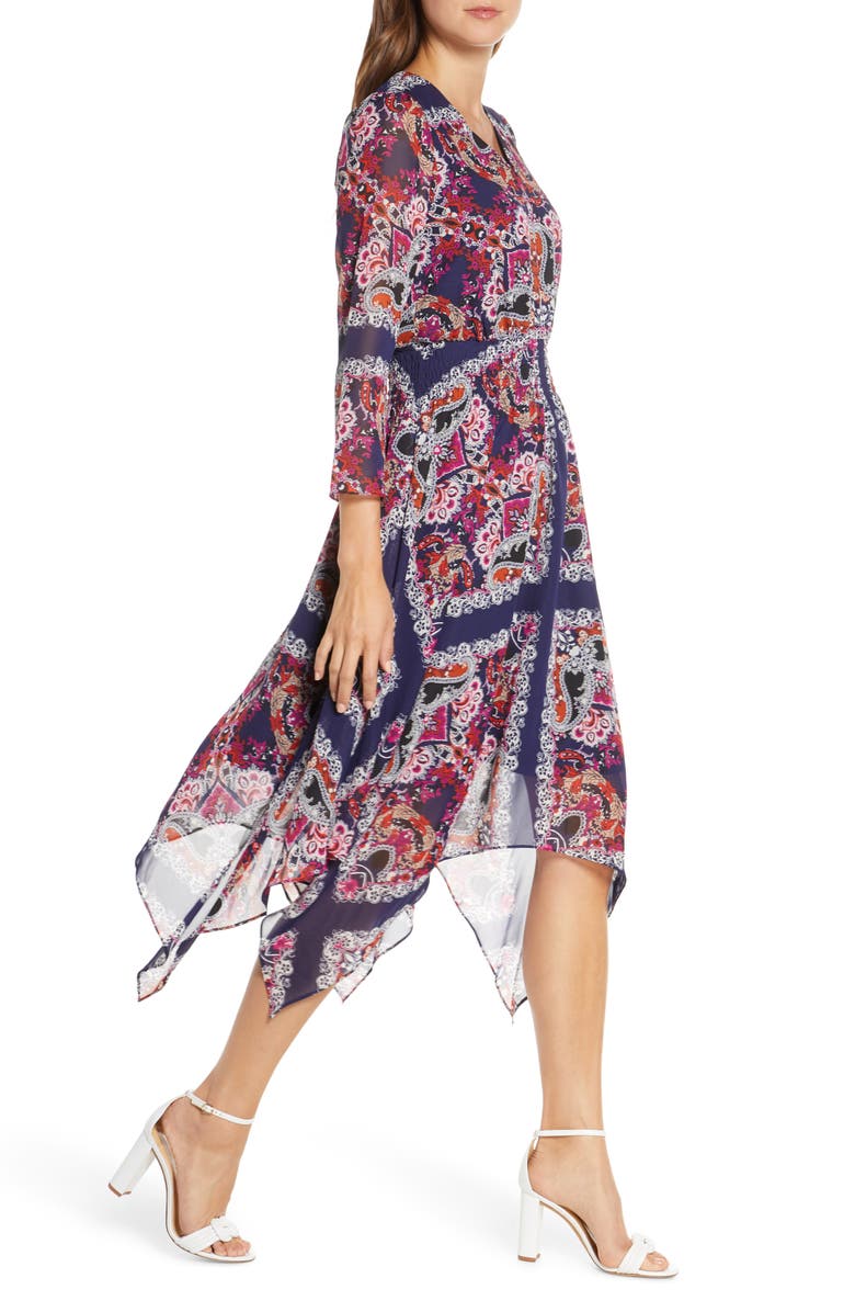 Vince Camuto Paisley Handkerchief Hem Midi Dress, Alternate, color,