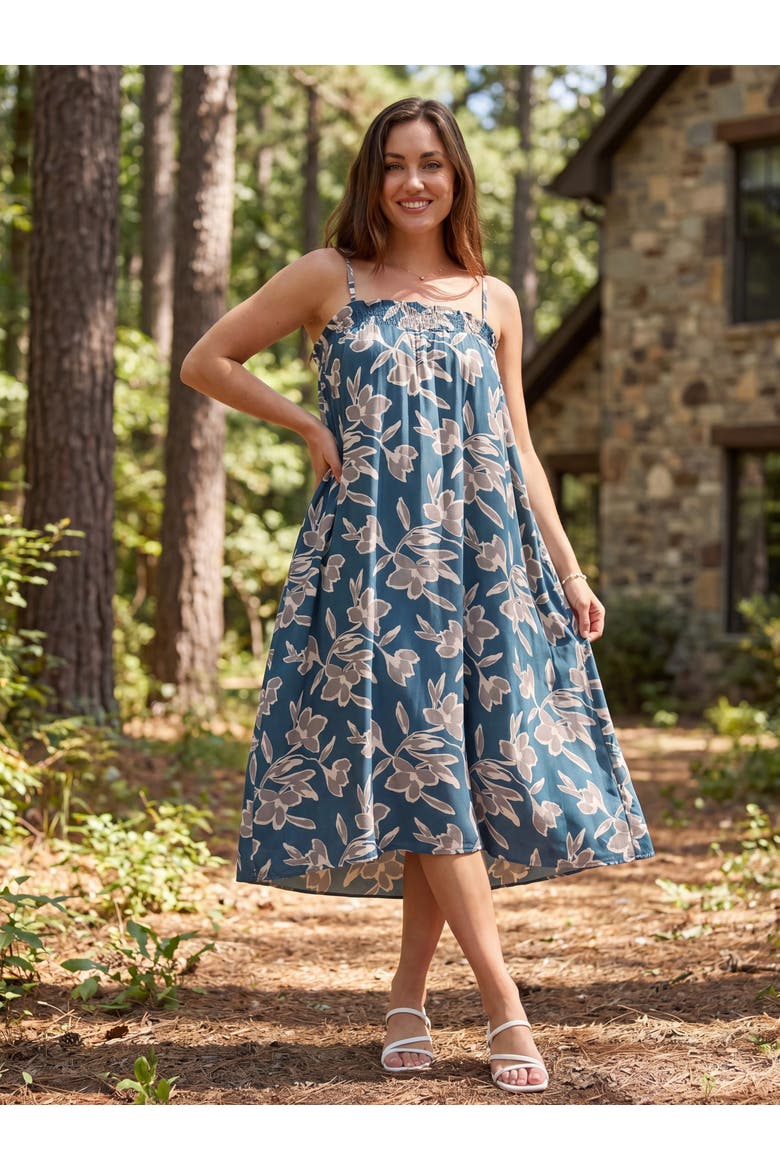 Womens Essential Floral Print Spaghetti Strap Smocked Pocket A-Line Maxi Dress, Alternate, color, Blue Multi