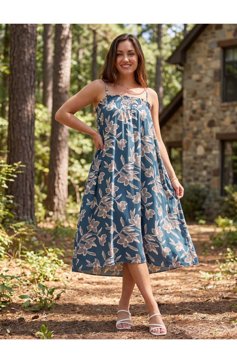 24seven Comfort Apparel Womens Essential Floral Print Spaghetti Strap Smocked Pocket A-Line Maxi Dress, Alternate, color, Blue Multi