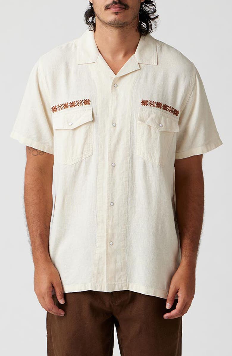 Seager Co Whippersnapper Embroidered Short Sleeve Linen Blend Snap-Up Shirt, Main, color, White Wash