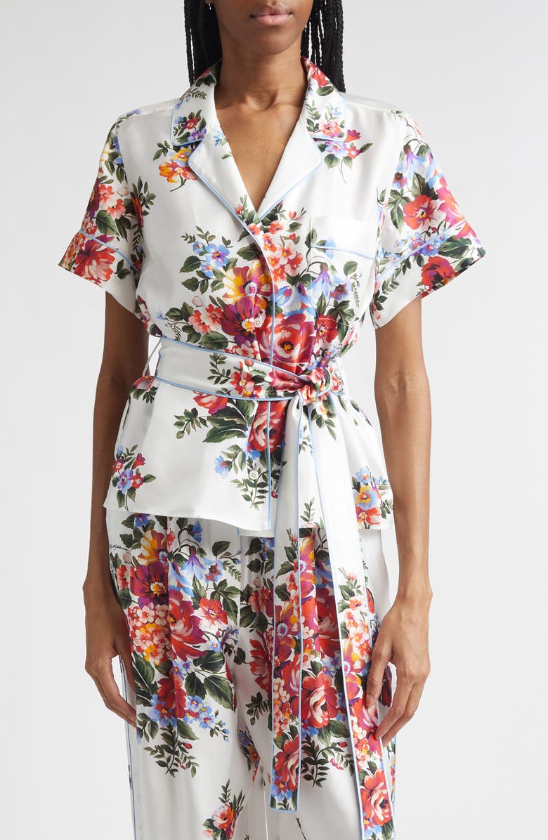 Dolce&Gabbana Floral Bouquet Print Belted Silk Twill Shirt, Main, color, Mazz.fiori F.bianco