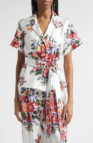 Dolce&Gabbana Floral Bouquet Print Belted Silk Twill Shirt