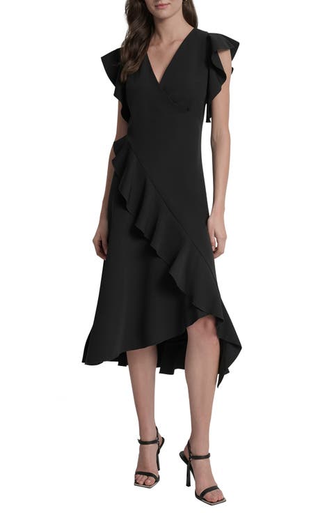 Ruffle Cap Sleeve Faux Wrap Midi Dress