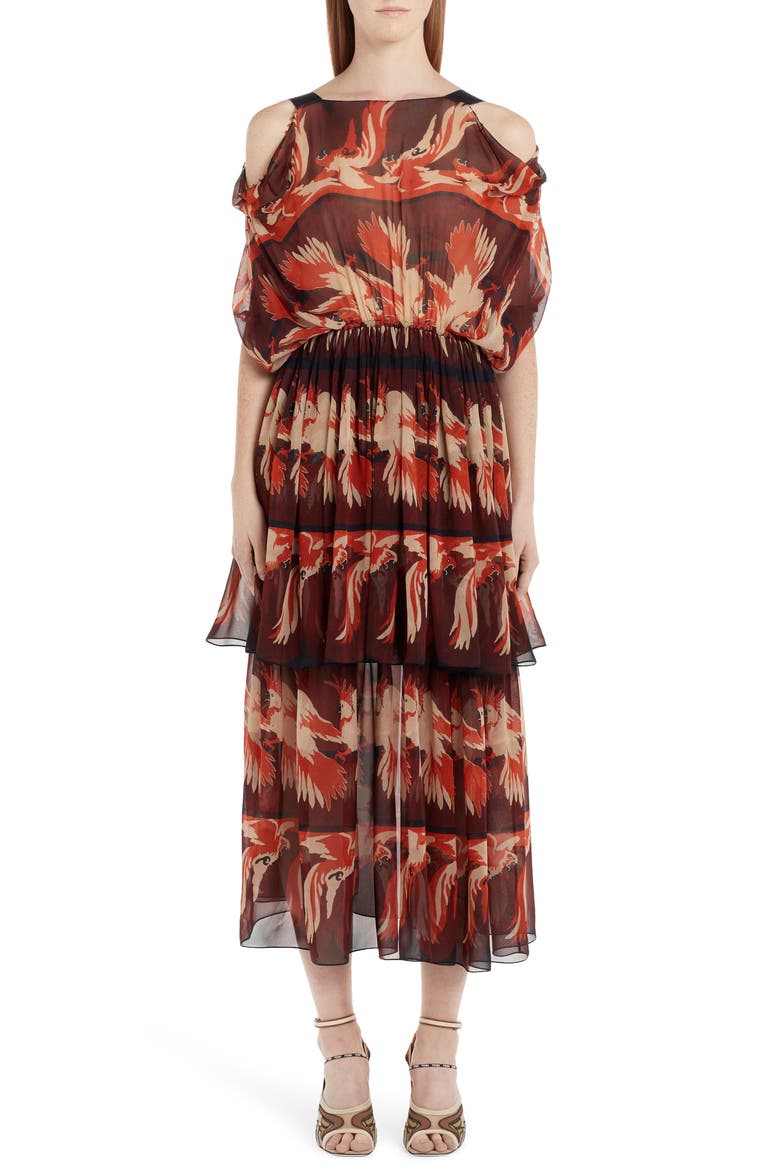 Parakeet Print Cold Shoulder Silk Dress, Main, color, ACAI
