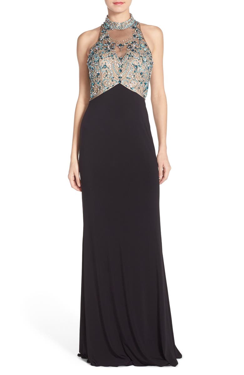 Sean Collection Embellished Mesh & Jersey Gown, Main, color, 