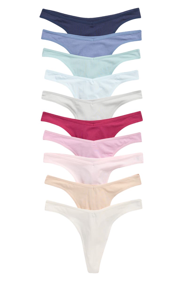 NORDSTROM RACK Assorted 10-Pack Stretch Cotton Thongs, Main, color, Pink/ Blue Multi