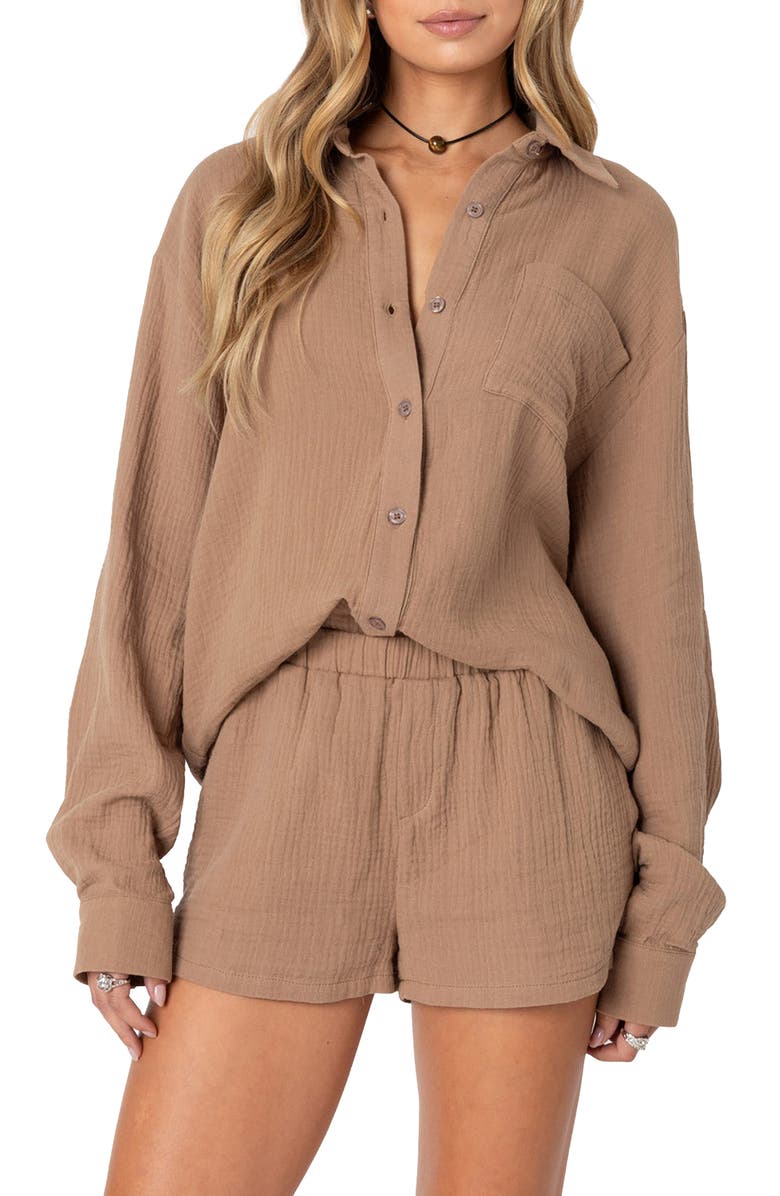 EDIKTED Levy Oversize Cotton Gauze Button-Up Shirt, Main, color,