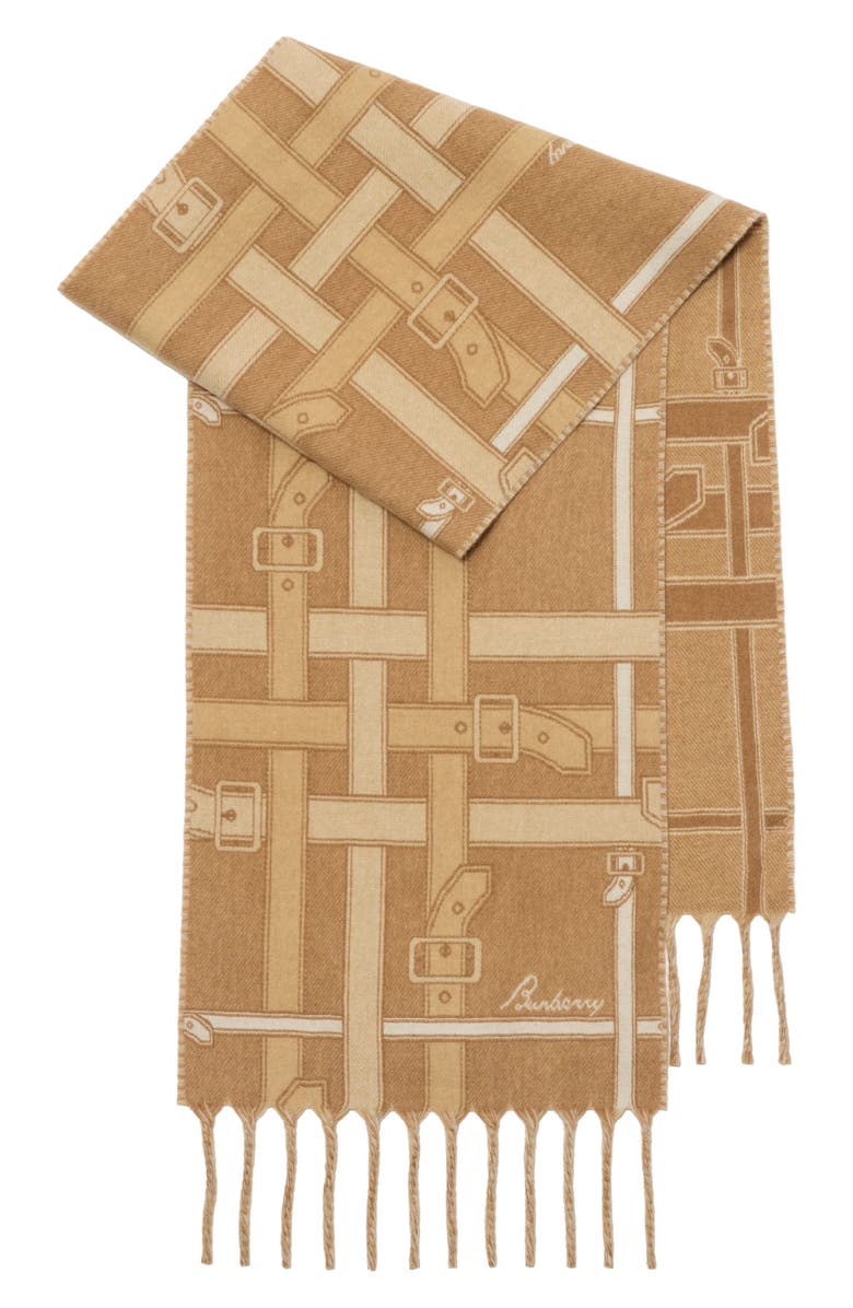Burberry Belt Jacquard Cashmere Fringe Scarf, Alternate, color, Sand