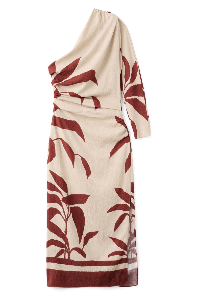 Leaf Print Ruched One Shoulder Midi Dress, Alternate, color, BEIGE