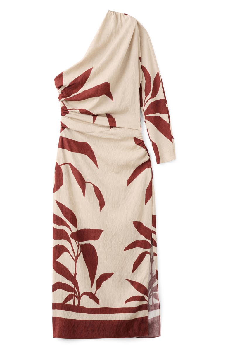 MANGO Leaf Print Ruched One Shoulder Midi Dress, Alternate, color, 