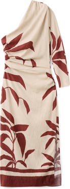 MANGO Leaf Print Ruched One Shoulder Midi Dress