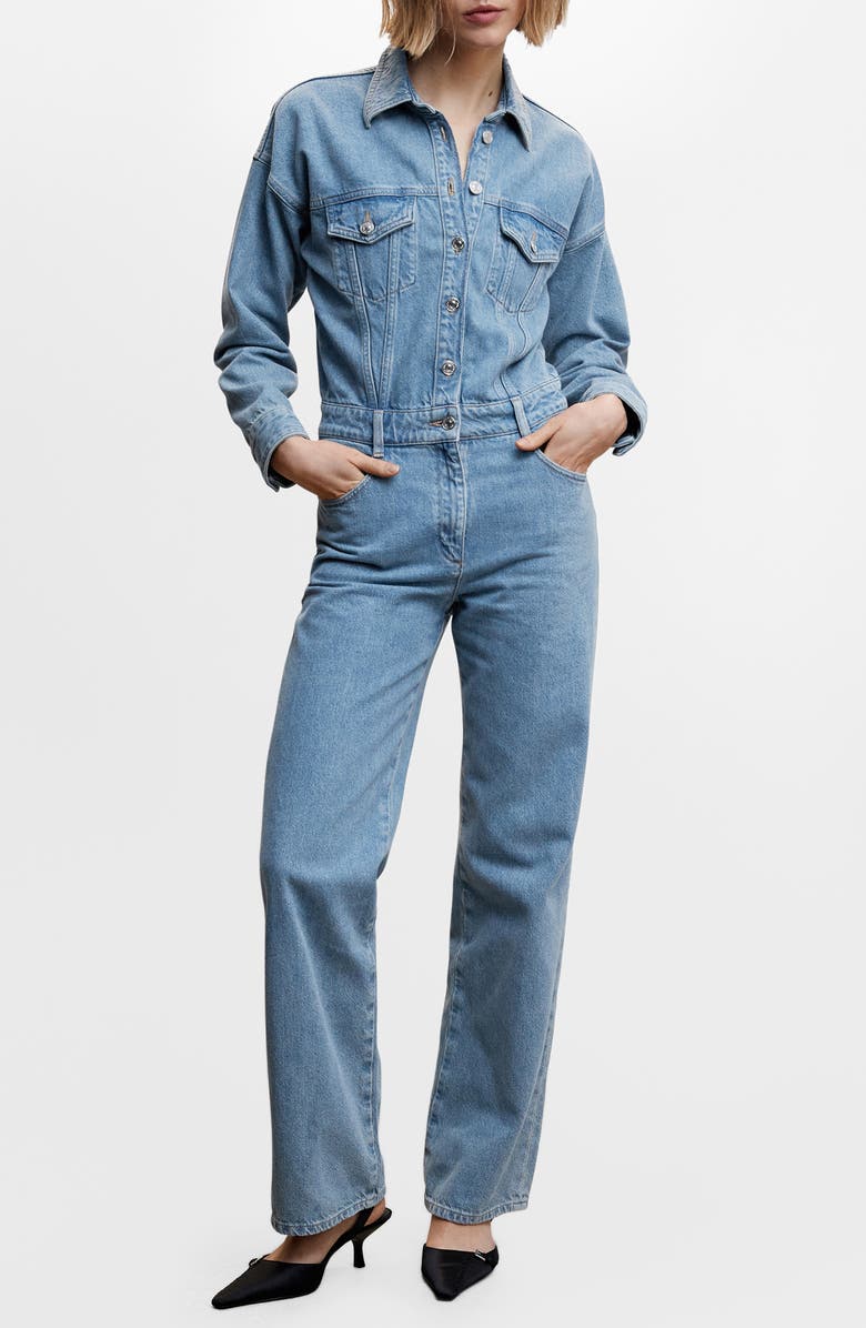 MANGO Long Sleeve Denim Jumpsuit, Main, color, 