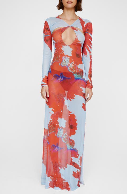 Cutout Sheer Long Sleeve Maxi Dress