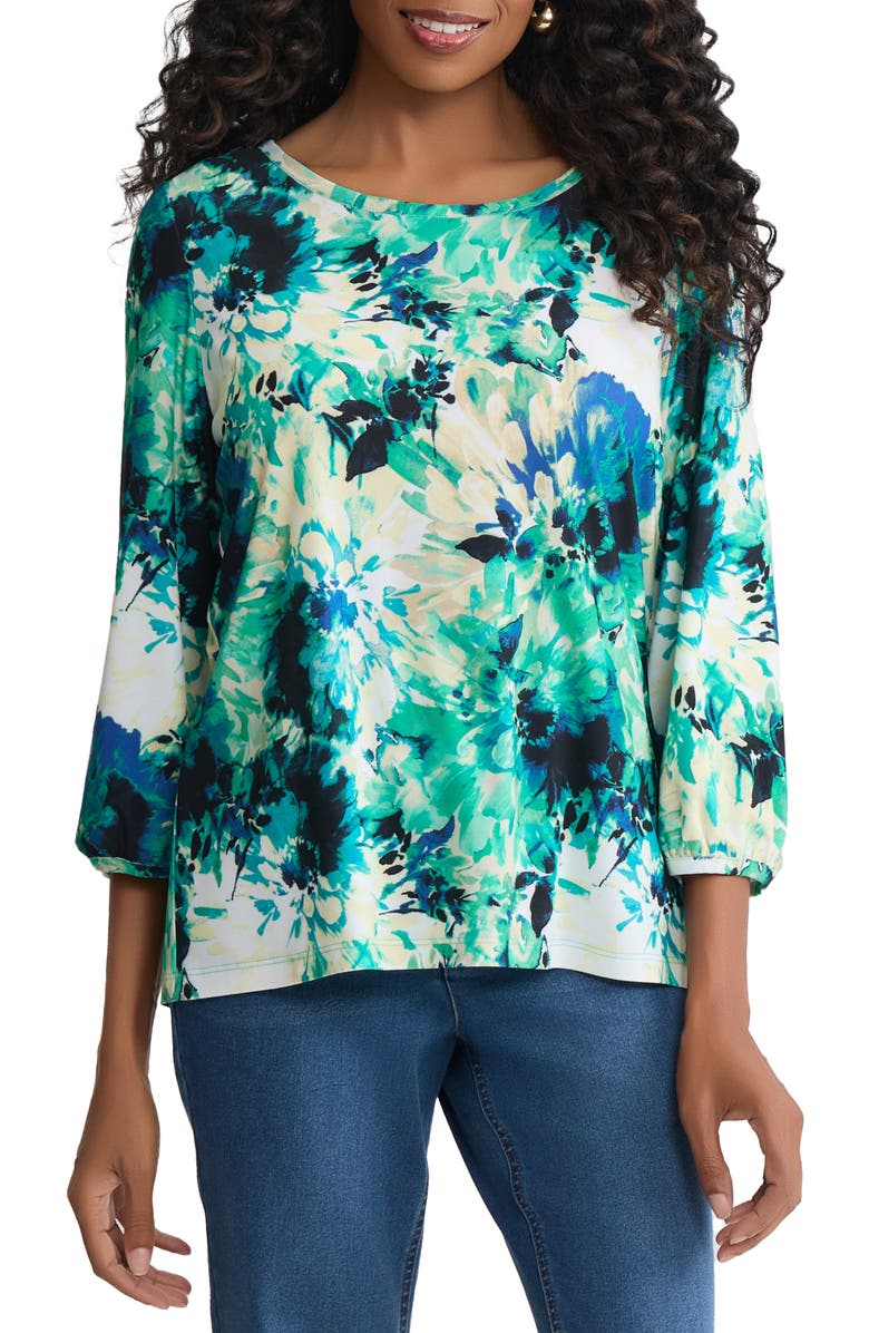 Jones New York Floral Three Quarter Sleeve Top, Main, color, 