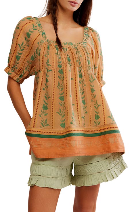 Santorini Print Embroidered Puff Sleeve Tunic Top