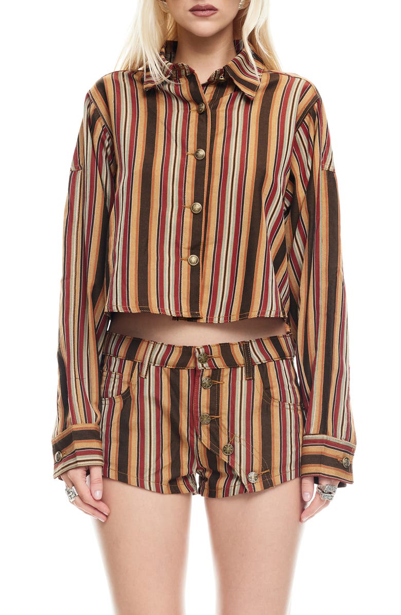 LIONESS Sundrenched Stripe Denim Crop Button-Up Shirt, Main, color, Vintage Stripe