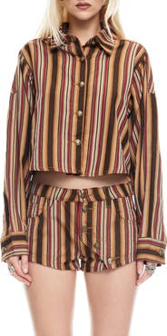 LIONESS Sundrenched Stripe Denim Crop Button-Up Shirt