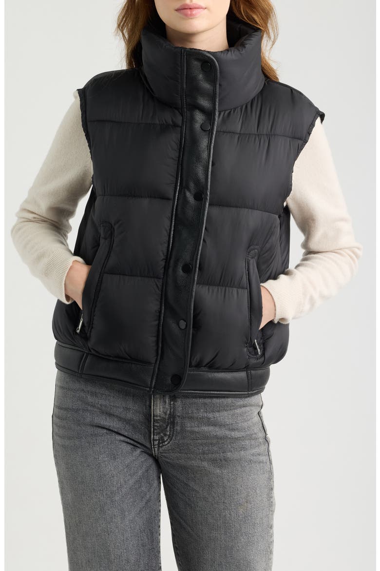 Lisa Faux Leather Trim Puffer Vest, Alternate, color, BLACK